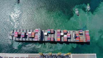 Luftbild-Zeitraffer des Frachtcontainerschiffs im internationalen Frachthafen unter dem Kranladetank für den Exportfrachtversand per Schiff.