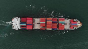 Antenne eines intelligenten Frachtschiffs, das Container trägt und für Exportgüter vom Frachthafen zu einem anderen Ozeankonzept-Frachtschiff auf blauem Himmelshintergrund läuft.