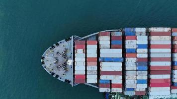 Aerial of smart cargo ship carrying container and running for export  goods  from  cargo yard port to other ocean concept freight shipping ship on blue sky background. video