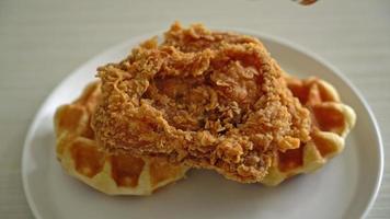 homemade fried chicken waffle with honey or maple syrup video