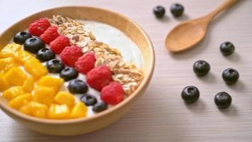 tigela de iogurte caseiro com framboesa, mirtilo, manga e granola - estilo de comida saudável