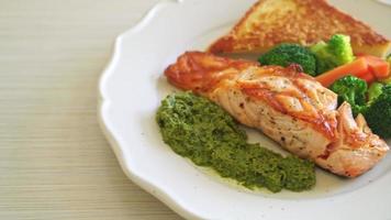 grilled salmon steak with pesto sauce and vegetable video