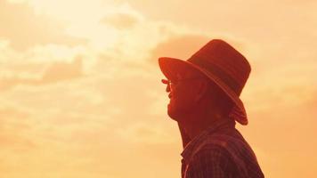 Silhouette of Senior farmer standing in rice field at sunset. video