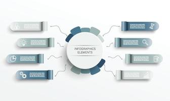 Vector infographic template with 3D paper label, integrated circles. Business concept with 8 options. For content, diagram, flowchart, steps, parts, timeline infographics, workflow, chart.