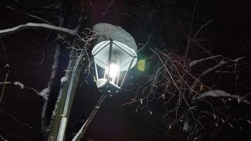 City lamp in the snow. Lanterns are lit at night in the park in winter. video