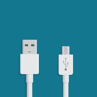 White micro USB cables on blue background. Connectors and sockets for PC and mobile devices. Computer peripherals connector or smartphone recharge supply vector