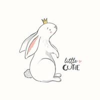 Cute bunny with a crown and little cutie phrase. Rabbit vector illustration. Girl baby shower. Design for baby, kids poster, nursery wall art, card, invitaton. Easter.