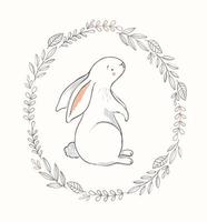 Cute bunny illustration with spring wreath. Hand drawn vector rabbit character for baby girl nursery, easter cards, posters.