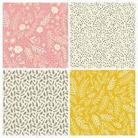 Set of hand drawn vector patterns with flower, branches, leaves and dots. Vintage doodle seamless backgrounds and textures.