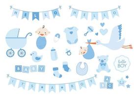 Boy baby shower design elements. Vector set of cute newborn icons.