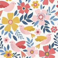 Cute vector seamless pattern with birds and flowers. Spring background.