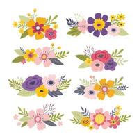 Colorful spring flower bouquets collection. Mixed floral arrangments. Vector floral design elements set.
