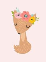 Cute fox with flower crown kids vector illustration. Baby nursery poster, card, clothing.