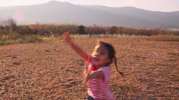 menina bonitinha brincando com bolhas de sabão no parque de verão ao pôr do sol. as crianças passam tempo junto com a família nas férias. video
