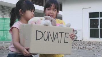 süße geschwistermädchen, die draußen eine spendenbox mit alten puppen halten. Spendenkonzept. video