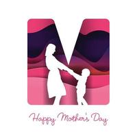 Mothers day greeting banner Paper cut letter M shape on red backdrop Woman and baby silhouettes vector