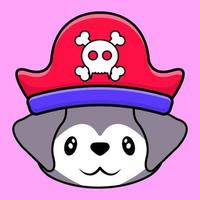 Lindo perro gris kawaii con ilustración de vector de dibujos animados de sombrero pirata