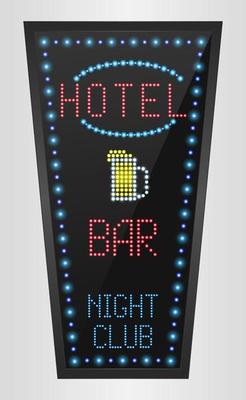 Retro sign with blue lights and the word hotel on bar