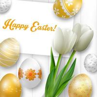 Easter background with colored eggs, white tulips and greeting card over white wood.Vector vector