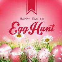 Beautiful Easter Red Background with flowers and colored eggs in the grass.Vector vector