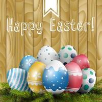 Easter colored eggs on pine tree on wooden background.Vector vector