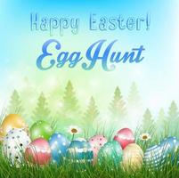 Easter eggs in the basket Background with field of trees and colored eggs in the grass.Vector vector