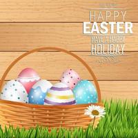 Easter colorful eggs in basket with field of grass on wooden background.Vector vector