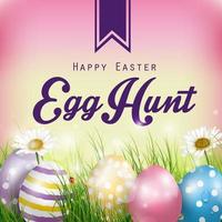 Beautiful Easter Background with flowers and colorful eggs in the grass vector