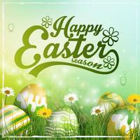 Beautiful Easter yellow green Background with flowers and colorful eggs in the grass vector