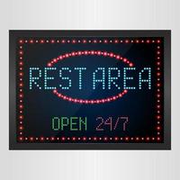 Rest area sign with light neon shining on signboard