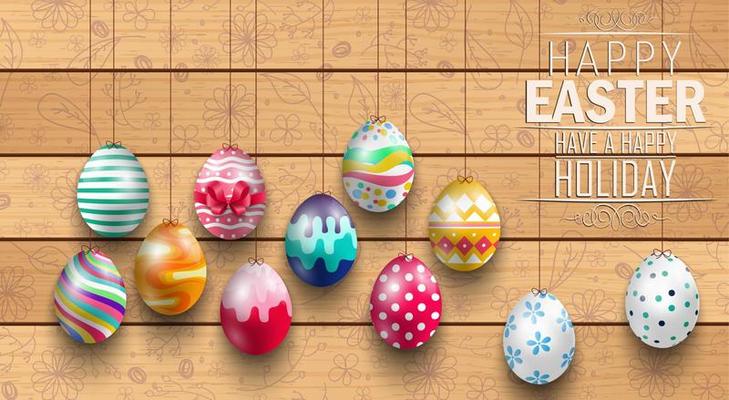 Easter colored eggs on wooden background.Vector