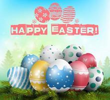 Beautiful Easter background with colorful eggs on the pine trees.Vector vector