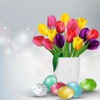 Easter background with colorful eggs and tulips in white vase.Vector vector