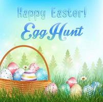 Easter eggs in the basket Background with field of trees and colored eggs in the grass vector