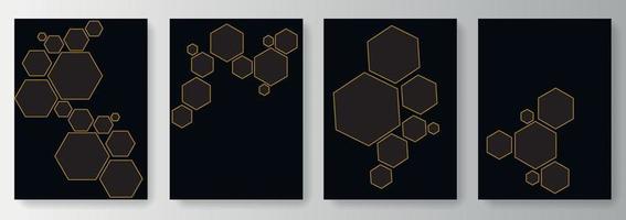 conjunto de fondos negros con patrón geométrico de hexágonos con bordes dorados