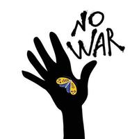 Poster no war. A hand with a moth in the colors of the Ukrainian flag. vector