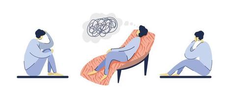 A girl in different poses with depressive thoughts. Sofa in the psychologist s office vector