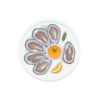 día internacional de la ostra. almejas con cáscara, ostras abiertas en un plato con salsa. menú de mariscos. cocina mediterranea vector