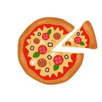 Pizza with cut piece, with tomatoes, olives, sausage and cheese, isolated on white background. Simple Color pizza icon vector