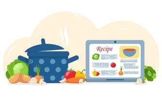 Home cooking concept. Set of cooking soup. Pan with soup, laptop with a recipe site, vegetables, ingredients for soup. Recipes, homemade food, food preparation, learning concept vector