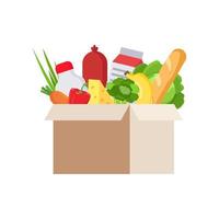 Fresh food in cardboard box, isolated, white background. Cardboard box with food, fruit and drinks. Various food and beverages. Fruits, vegetables, ham, cheese, bread, milk vector