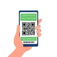 Electronic Certificate of vaccine from covid-19 with QR code. Hand holds Smartphone with Health passport app on screen for control, check of safety from coronavirus infection