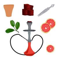 Hookah vector stock illustration. Pipe, charcoal briquettes, hose, tobacco. A set for a bar. Isolated on a white background.