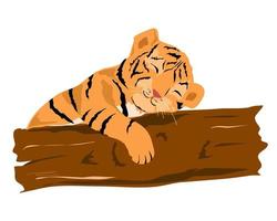 A little tiger cub sleeps near a tree. vector