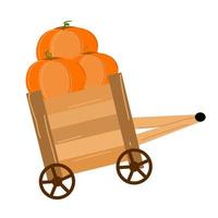 A wooden cart with pumpkins in it. vector