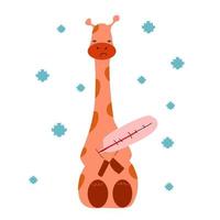 The giraffe is sick and measures the temperature with a thermometer. vector