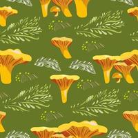 Seamless pattern with forest chanterelle mushrooms on a green background. vector