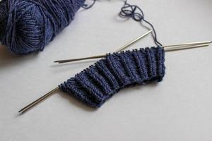 Ball of yarn and knitting needles on white background. Handmade process photo