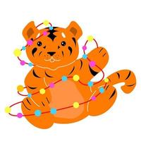 The orange tiger cub is entangled in a garland. vector