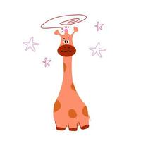 A giraffe with a bump on its head after being hit and stars around it. vector